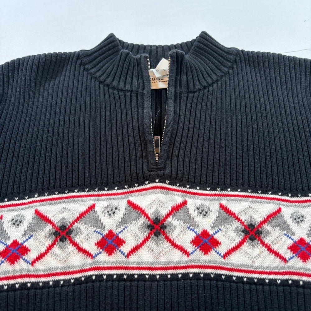 Lizgolf Liz Claiborne Quarter Zip Sweater Mens Large Black Argyle Ribbed Cotton